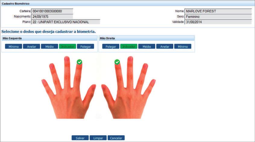 COLETA BIOMÉTRICA Obs.: Para o processo de coleta, seguir a seguinte sequência: 1) Coletar do dedo indicador. Não sendo possível, passo 2; 2) Coletar do dedo polegar.