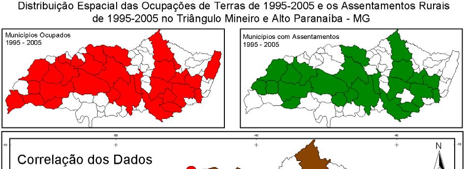 Mapa 6 Triângulo Mineiro/Alto Paranaíba: correlação entre os assentamentos rurais e as ocupações de terras no período de 1995 a 2005 Não sendo verificada, no período estudado, em nenhum município a
