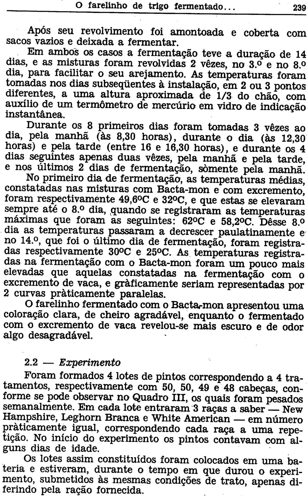 Após seu revolvimento foi amontoada e coberta com sacos vazios e deixada a fermentar. Em ambos os casos a fermentação teve a duração de 14 dias, e as misturas foram revolvidas 2 vezes, no 3. e no 8.