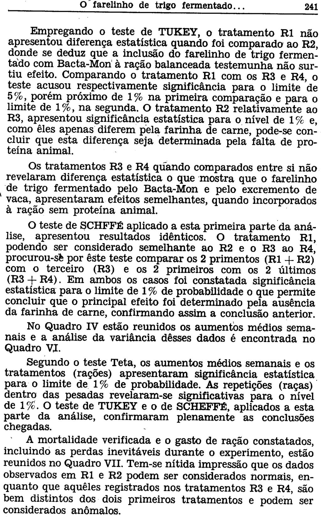 Empregando o teste de TUKEY, o tratamento RI não apresentou diferença estatística quando foi comparado ao R2, donde se deduz que a inclusão do farelinho de trigo fermentado com Bacta-Mori à ração