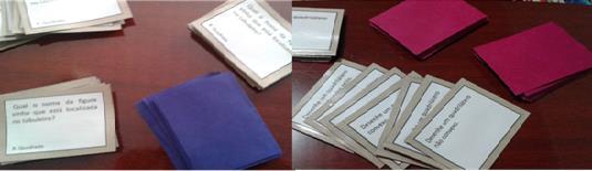 Os cartões com as questões, referentes ao conteúdo, por sua vez, foram colados nos papéis cartão de cores azul e rosa, como mostra a Figura 4, e em seguida revestidos com papel contact.