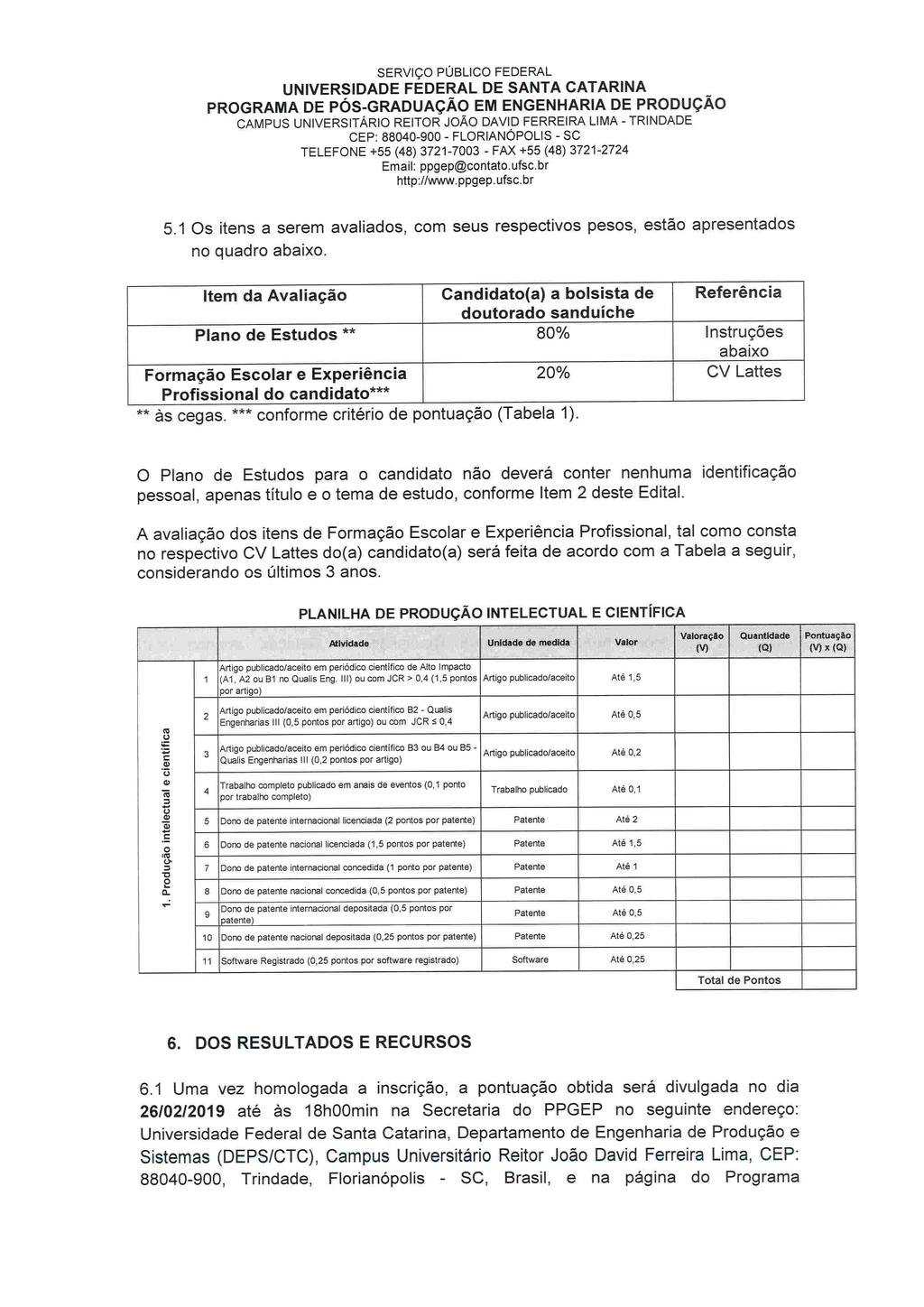 PROGRAMA DE pós-graduação EM ENGENHARIA DE PRODUÇÃO CAMPUS UNIVERSITÁRIO REITOR JOGO DAVID FERREIRA LIMA TRINDADE CEP: 88040-900 - FLORIANOPOLIS - SC http://www.ppgp. ufsc.br 5.