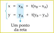 Igualando os dois membros da equação a um número real t, temos: Então, para cada valor t R, obtemos um ponto da reta.