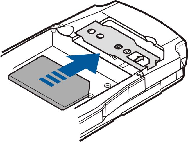 4. Insira o cartão SIM sob a chapa metálica. Certifique-se de que os contactos dourados do cartão ficam voltados para o conector do telefone e que o canto biselado fica à direita.