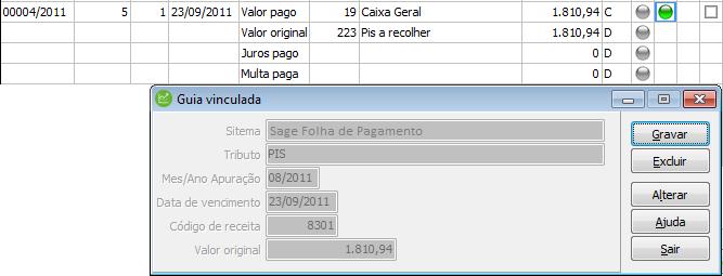 pré-lançamentos através do ícone verde. Ao clicar neste ícone, abre uma tela exibindo os detalhes da guia que está associada, exceto para guia de INSS (GPS).