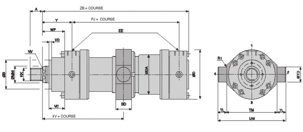 70 Catálogo Rhino - Linha Hidráulica Eixos Intermediários Tipo: MT4 ø MM A B BD D DA EE KK NV PJ R1 TD f8 TL TM h12 UM VD VE WF XV mini XV + stroke Y ZB curso min.