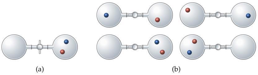 Entropia e a segunda lei da termodinâmica Expansão espontânea de um gás Quando existem muitas moléculas, é muito mais provável que as moléculas se distribuam entre os dois frascos do que todas