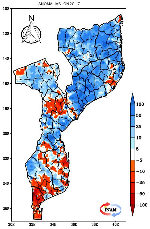 No cômputo geral, entre os meses de Outubro e Novembro de 2017, a queda de cuvas no território nacional esteve acima do normal climatológico, sobretudo nas províncias de Cabo Delgado, Nampula,