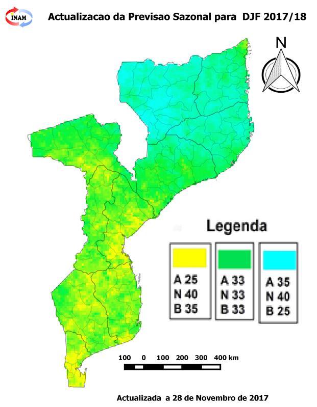 Uma maior probabilidade de ocorrência de chuvas normais com tendência para acima do normal nas províncias de Cabo Delgado, Nampula, Niassa e extremo norte da província da Zambézia.