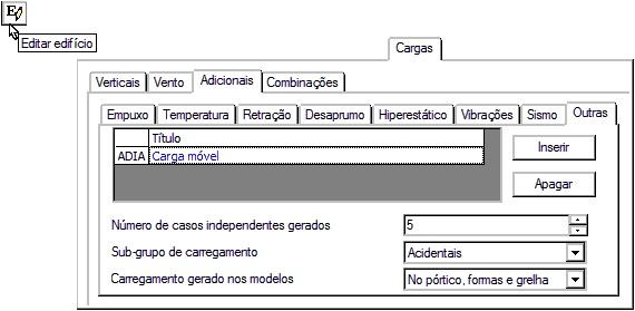 Note na ilustração acima os dados do edifício foi editado e após acionar a guia Cargas foi escolhida a opção Outras, então foi