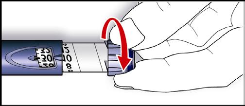 Não empurre o botão enquanto o gira, pois a insulina pode ser expelida. Não gire o botão seletor da dosagem além do número de unidades à esquerda na caneta. Não force o botão seletor para girá-lo.