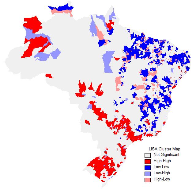 46 Figura 3- LISA para a taxa salarial nas atividades econômicas agregadas dos municípios brasileiros nos anos de 2000 e 2009.