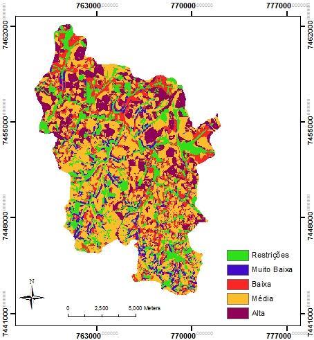 Na Figura 1 esta representado o mapa de áreas prioritárias para adequação de uso das terras na sub-bacia do Rio Pardo, SP, o qual foi gerado pela análise integrada dos dados disponíveis sobre a área