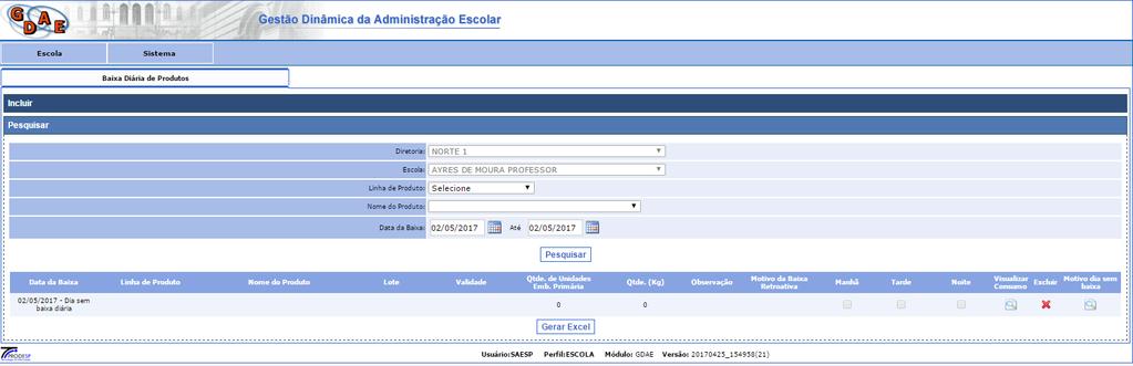 4. Menu Escola\Nova Baixa Diária> Gerar Relatório Excel