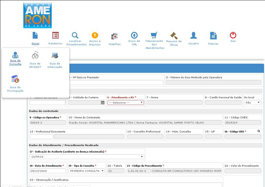 visualizará os modulos de Guias, Relatorios, Localizar procedimentos, Avisos e arquivos, Envio de XML, Faturamento dos atendimentos, Recurso