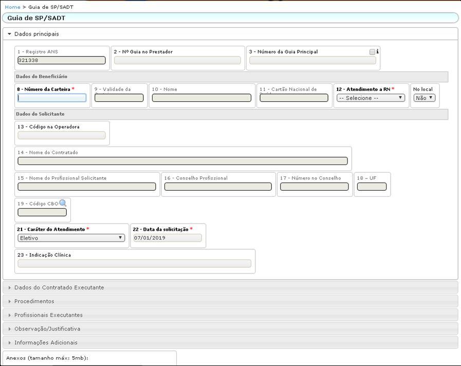 ira preencher os seguintes campos: Campo 8: Número da carteira; Campo 12: Atendimento a RN (Sim ou Não); Campo 13: Profissional Solicitante; Campo 19: Código CBO Médico