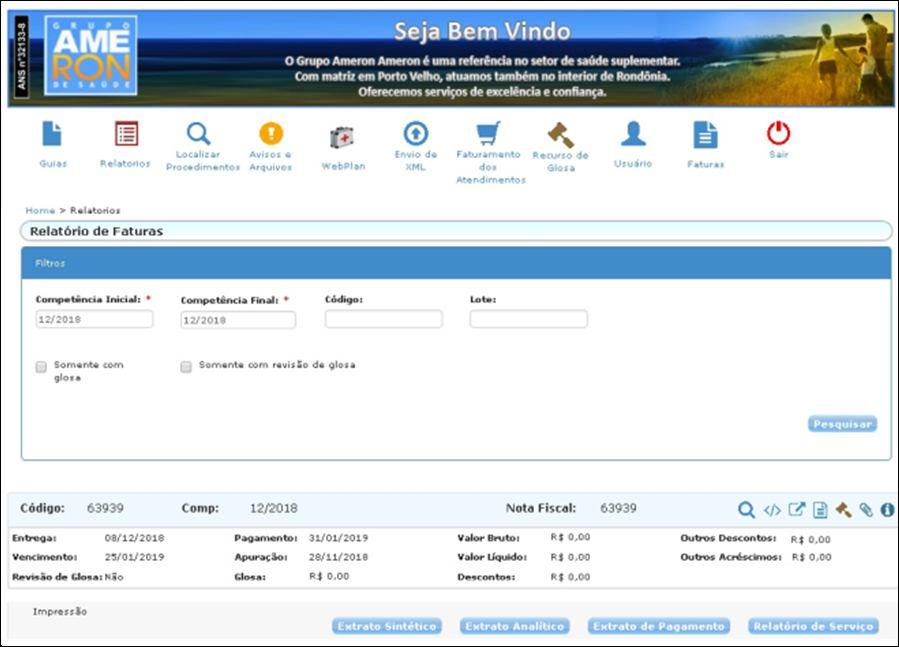 Sintetico, Extrato Analitico, Extrato de Pagamento ou Relatorio de Serviços. revisão de glosas ou por completo. Após realizar os filtros, clicar em Pesquisar 4.3.