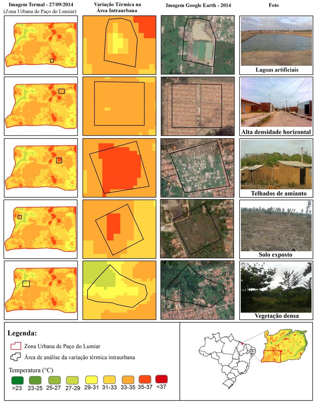 Figura 6 - Uso e cobertura da terra e variação de temperatura de superfície intraurbana (imagem termal do dia 27/09/2014). Fonte: Elaborado pelos autores (2016).