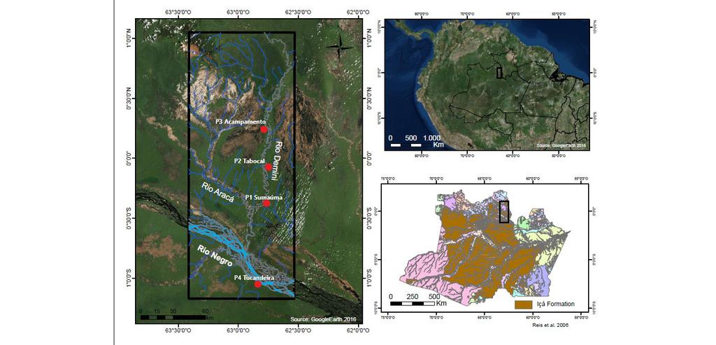 onde as terras altas (áreas não inundáveis) indicam exposições da Formação Içá, segundo o mapa geológico do Amazonas (Reis et al., 2006).