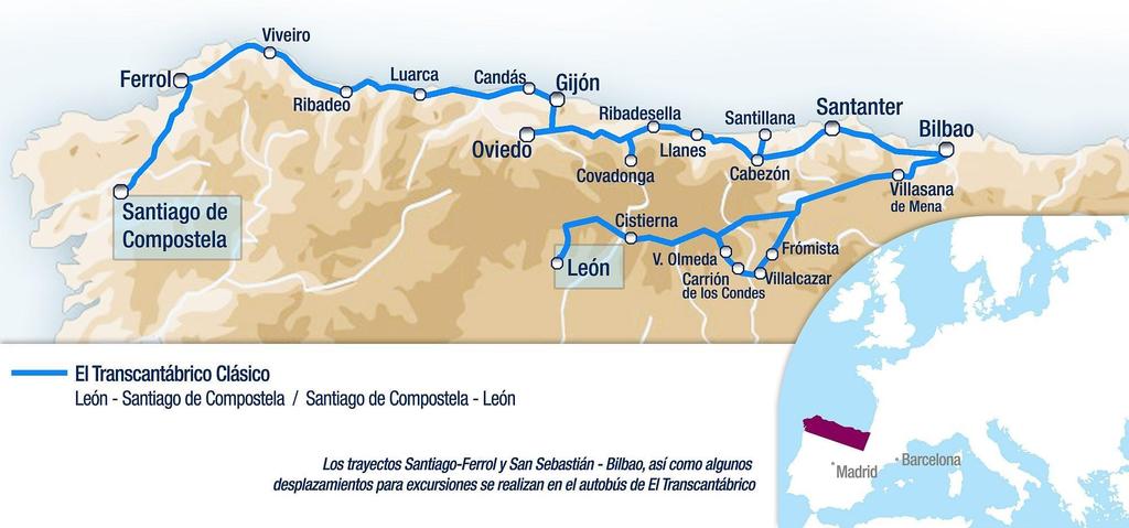 El Transcantábrico Clásico Mapa de Itinerários 8 DIAS / 7 NOITES León Santiago de Compostela Santiago de Compostela San Sebastián O El