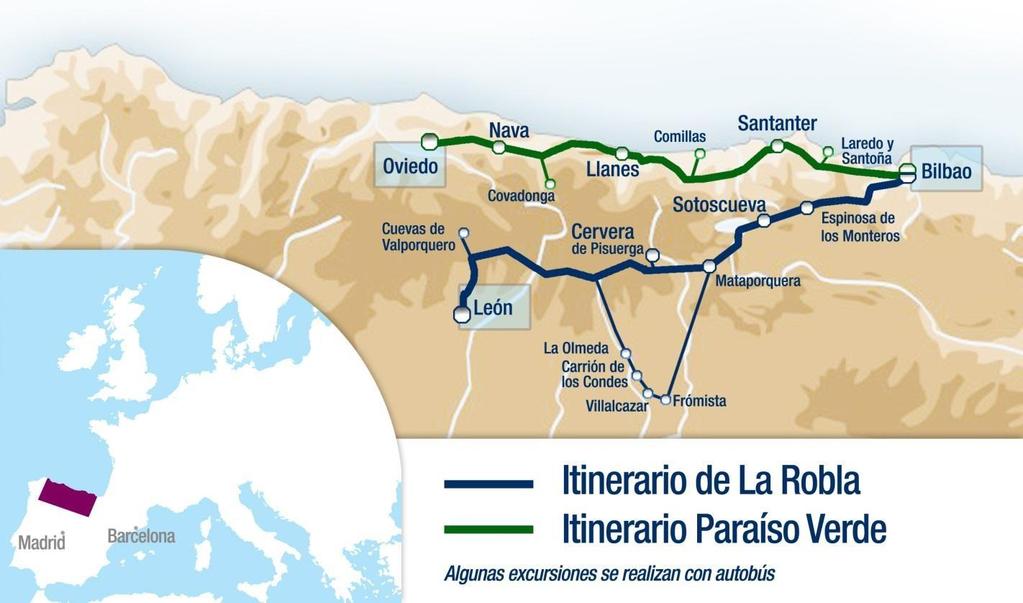 El Expreso de La Robla Mapa de Itinerários Com um alto nível de qualidade, o El Expreso de La Robla é um comboio que mantem as características base do El Transcantábrico, mas com um ambiente mais