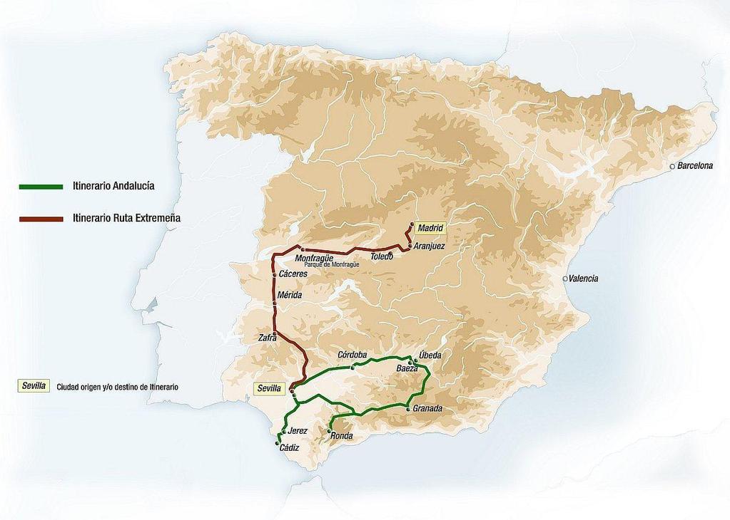 Comboio Al Andalus Mapa de Itinerários 7 dias / 6 noites Andalucía I Sevilha - Sevilha 6 dias / 5 noites Ruta Extremeña: Sevilha Madrid Madrid Sevilha Mini percursos de 4 dias e 3