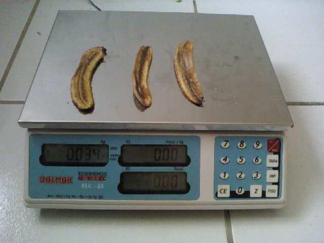 Figura 6: depois da secagem. Avaliação A massa da banana antes da realização da secagem foi de 118 g e depois da secagem foi 34 g.