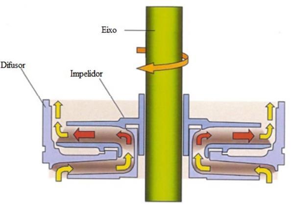 19 pressão do escoamento e sendo a descarga de um estágio a entrada do próximo acima, o processo se repete sucessivamente com o fluido bombeado. Figura 2.5 Impelidor e Difusor de um estágio. bomba.