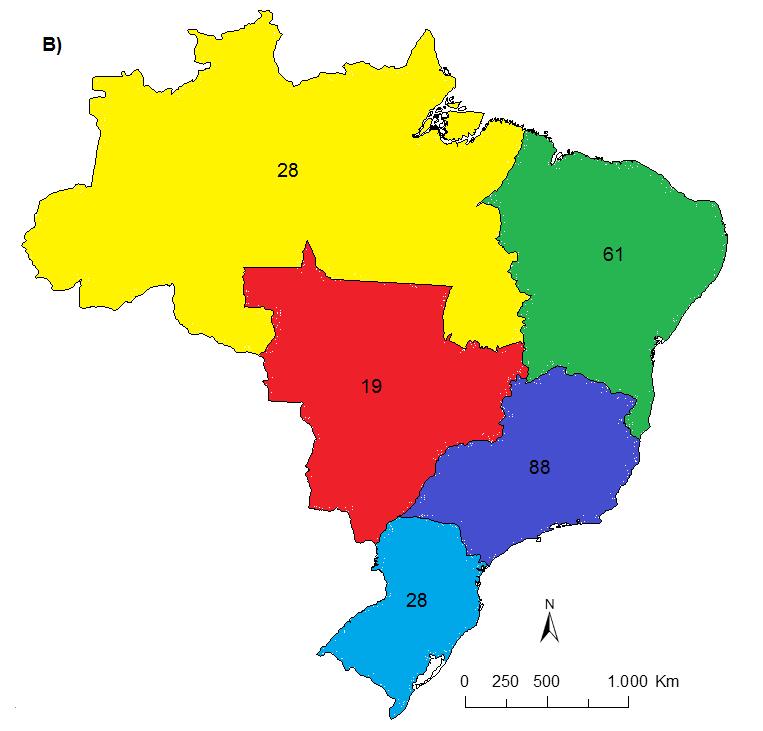 (A) de acordo com os estados; (B) regiões e (C)