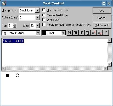 Na legenda ou nos nomes dos eixos abriremos uma janela denominada Text control onde teremos várias opções para o texto, assim como uma janela que mostrará como ficará o display 1.