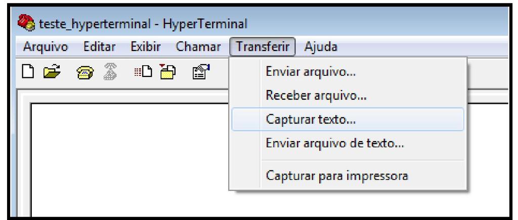 Antes de conectar no equipamento, e requisitar o offload de dados, é necessário informar ao Hyperterminal o local onde ele irá gravar o arquivo com os dados.