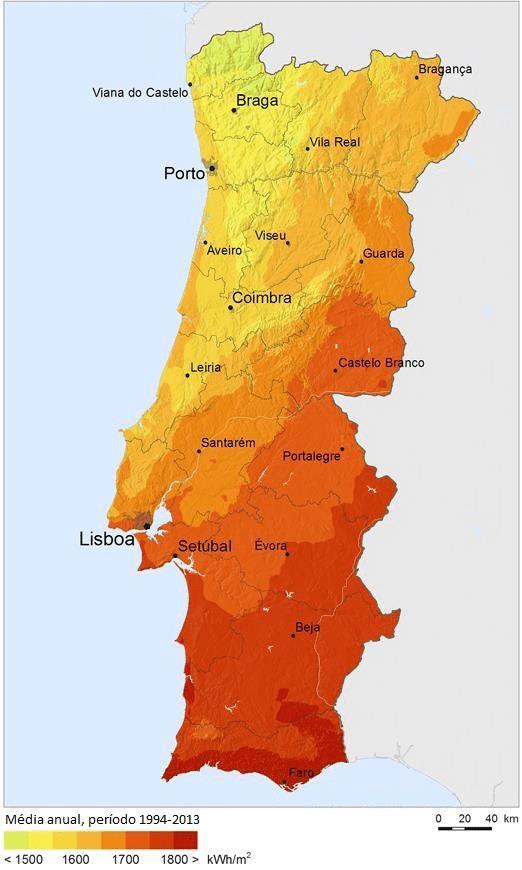 Figura 40 Irradiação global média anual em Portugal continental Fonte: Solargis As tecnologias solares fotovoltaicas permitem transformar diretamente a radiação solar em energia elétrica, através das