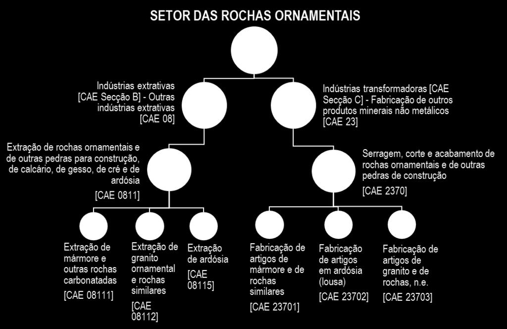 Este setor engloba dois tipos de atividades económicas: a extração (Divisão CAE 8) e a transformação (Divisão CAE 23), conforme divisão apresentada na Figura 1.