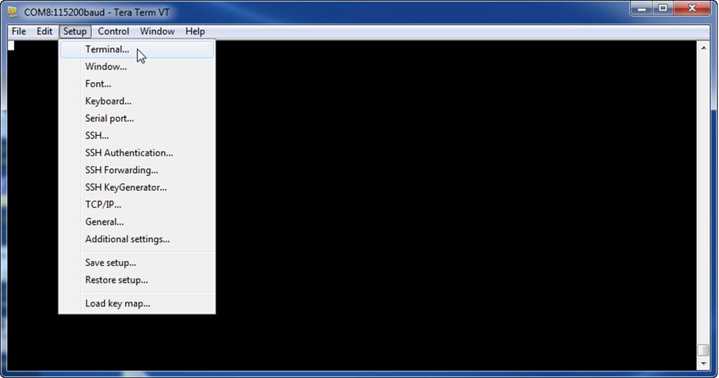 A janela do Tera Term é aberta. 2. Na barra de menu, selecione Configuração > Terminal.