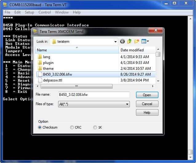 40 pt-br Manutenção e resolução de problemas Conettix Plug-in Communicator 7. Clique em Open (Abrir) para iniciar a atualização do firmware.