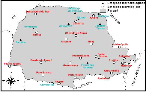 Figura 1. Localização geográfica das estações hidrológicas e meteorológicas utilizadas no estudo e localizadas no Paraná.