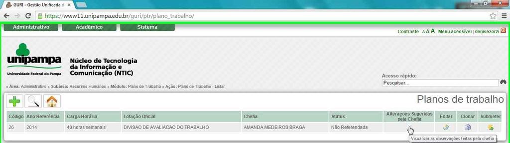 Plano de Trabalho Alterações sugeridas Clicar em