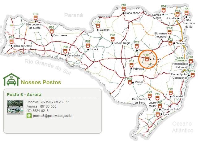 FIGURA 08 Localização do Posto 06 PMRE Aurora O Posto 23 iniciou suas atividades em novembro de 2007, com sua sede no município de Taió, às margens da Rodovia SC-114, e responsável pelo patrulhamento