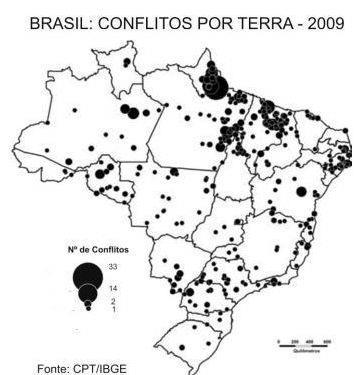 Diante desse problema, o mapa abaixo mostra a distribuição territorial mais conflitante em 2009 no território brasileiro.