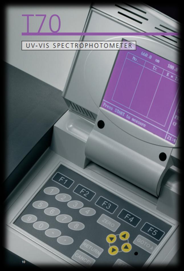 ESPECTROFOTÔMETRO T70 DESCRIÇÃO T70 é um espectrofotômetro de simples feixe para leituras nas faixas UV-VIS marca PG Instruments de procedência inglesa.