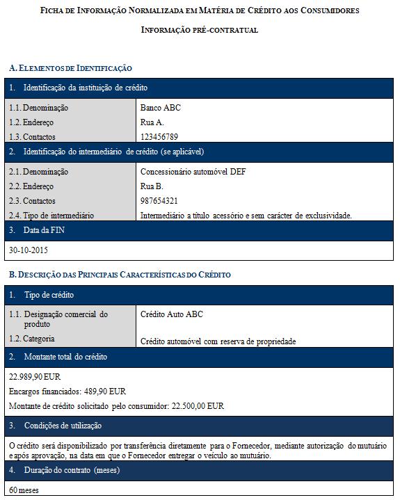 Ficha de Informação Normalizada (FIN) Todas as caraterísticas do crédito automóvel são apresentadas na Ficha de Informação Normalizada (FIN).