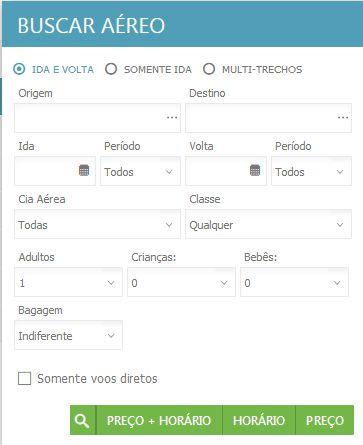 4.1.2. PESQUISA Ao final do preenchimento, as opções de visualização dos resultados da pesquisa são por PREÇO+HORÁRIO, HORÁRIO e PREÇO. 4.1.2.1. Preço + Horário Esta opção é recomendada apenas para voos nacionais.