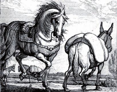 O Cavalo e o burro, ilustração de Frances Barlow, metade do século XVII. Um cavalo e um burro caminhavam juntos carregando, cada um, pesados sacos.