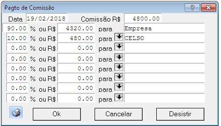 Comissões > Entrada/Parcelas: Valor da entrada e parcelamento da comissão.