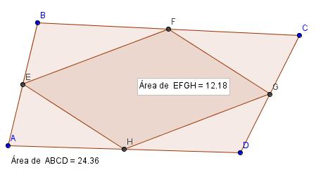 Figura 05: Construção para investigar a relação entre as áreas Fonte: Construção em GeoGebra realizada pelo autor Realizada a construção, podemos movimentar o quadrilátero ABCD de forma a obter