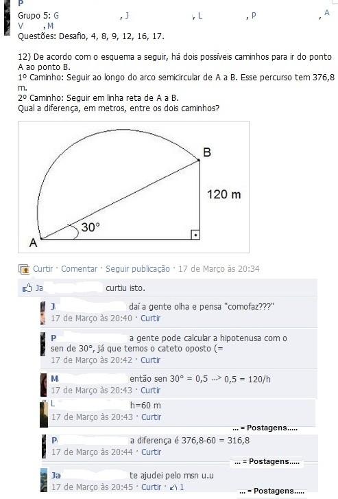 A seguir na figura se observa o Print Screen de um problema de Matemática postado por um grupo de 7 colegas, estes resolveram primeiramente via chat no Facebook e depois começaram a "passar a limpo"