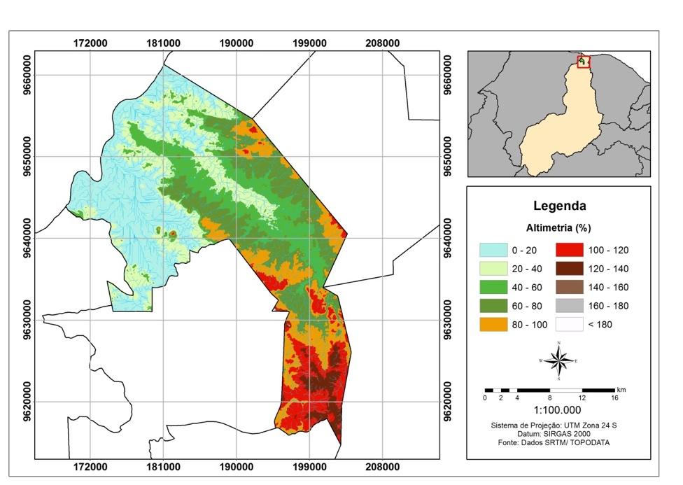 Figura 2 Mapa de classes de altimetria do município de Buriti dos Lopes Piauí 6/14 O mapa de declividade tem o objetivo de demonstrar as inclinações de uma área em relação a um eixo horizontal.