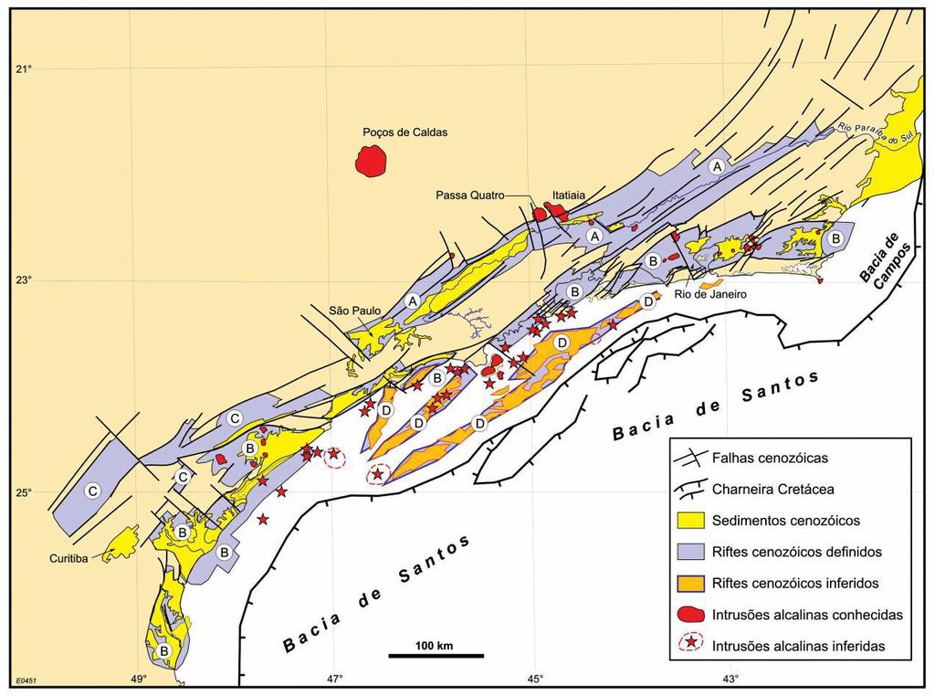 9 Figura 4: Mapa de distribuição dos quatro riftes do SRCSB: (A) Paraíba do Sul, (B) Litorâneo, (C) Ribeira, e (D) Marítimo; de suas falhas limitantes, preenchimentos sedimentares, intrusões/lavas