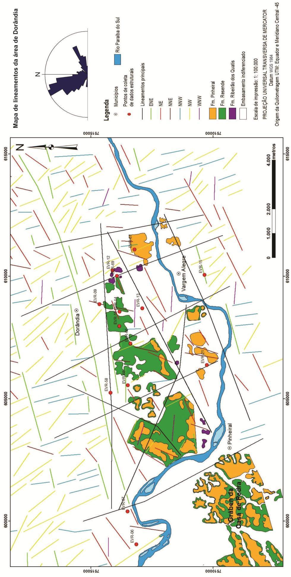 Figura 13: Mapa de lineamentos da área de Dorândia, elaborado a partir de modelo digital de terreno com base em dados do SRTM/NASA, no software ArcGis 9.