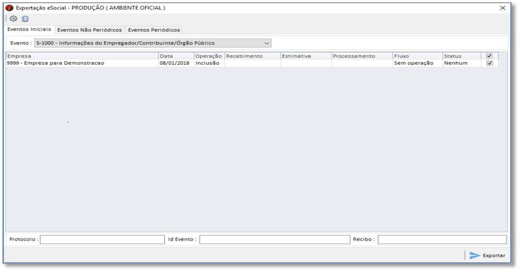 Exportando o evento: Acessando o módulo INTsys e-social -> Exportações/Exportação em XML -> Aba Eventos Iniciais/Evento.